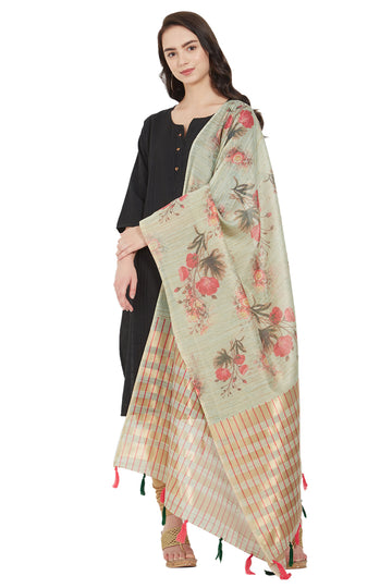 Beige and Red Color Floral Printed Cotton Silk Dupatta